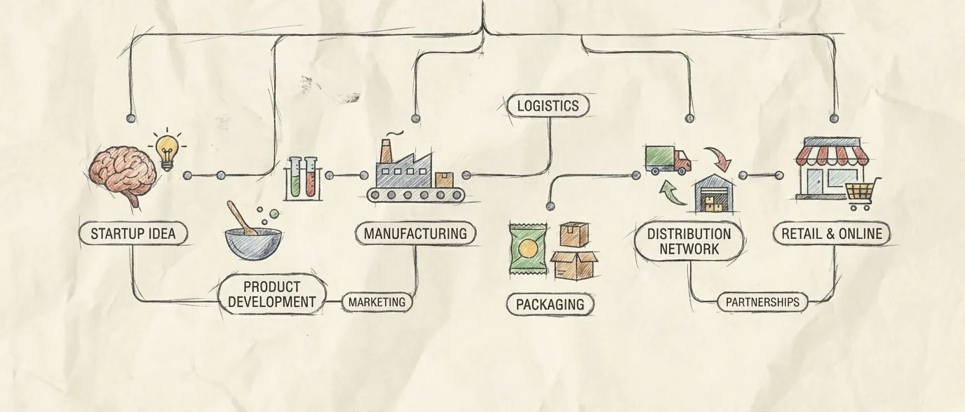 Sketch of a snack brand's path from startup idea, product development and manufacturing through packaging, logistics and distribution to retail